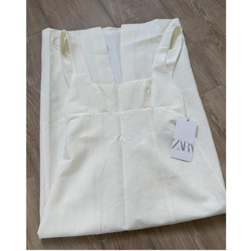 Zara Linen Blend Ivory Midi Dress With Open Back & Spaghetti Strap Detail Size S - Picture 6 of 6